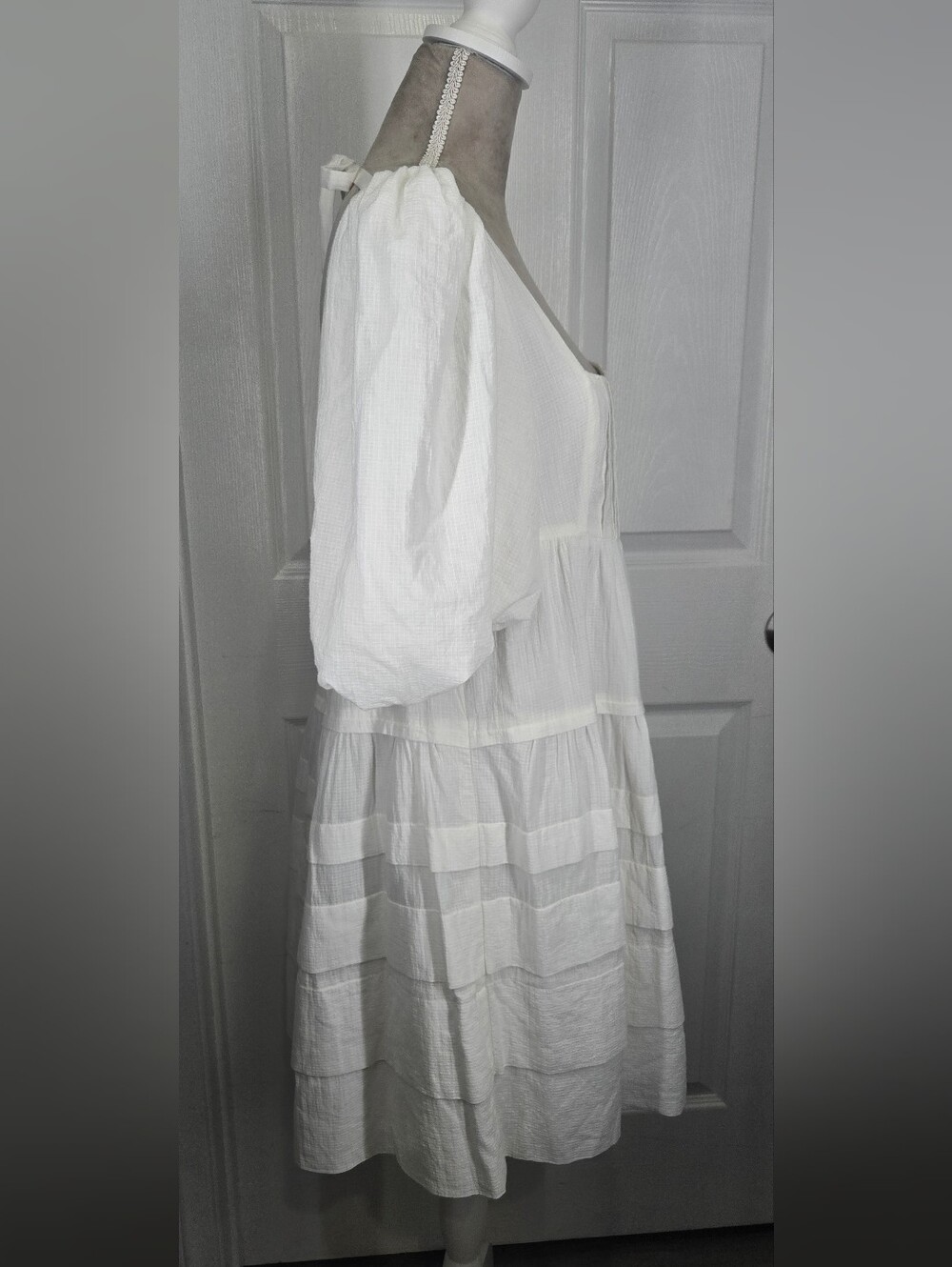 Anthropologie Square-Neck Puff-Sleeve Tiered Mini Dress White M - Picture 8 of 17